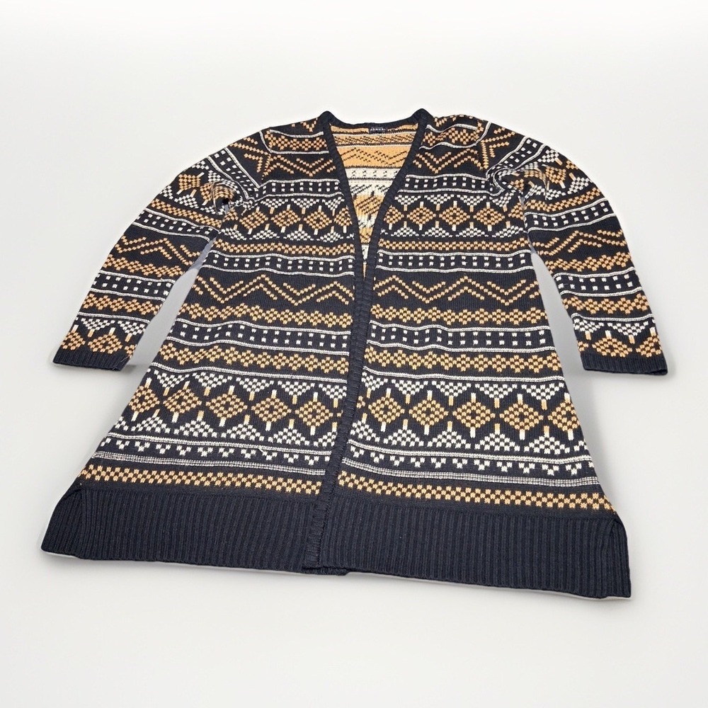 Hannah Womens Fair Isle Geometric Longline Open Front Cardigan Navy Blue Tan L